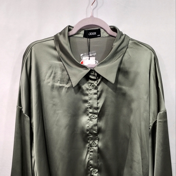 NWT Cider Satin Slip Shirt Womens 4XL Olive Green Button Up Boho Retro 90s Y2K - Picture 2 of 13